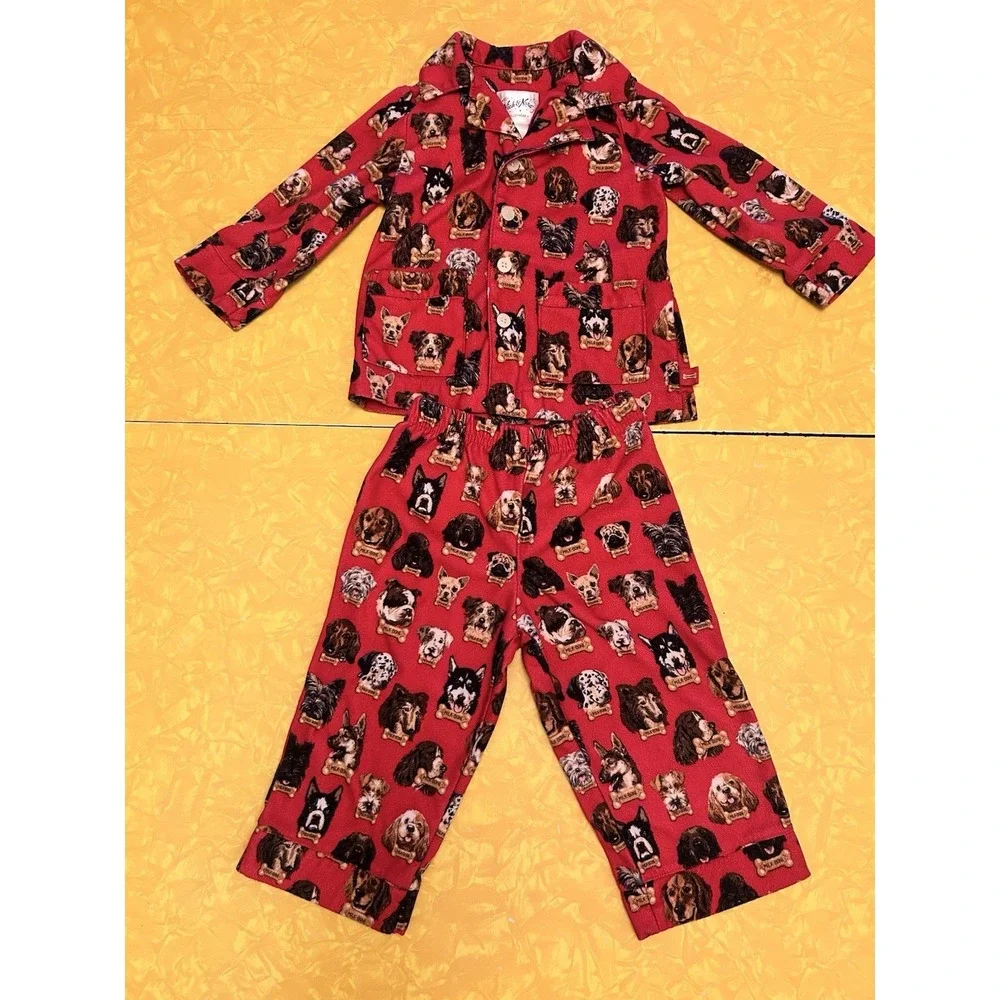 NICK & NORA Toddlers PUPPIES Flannel Pajama Set 18 Months Red Milk Bone Dogs
